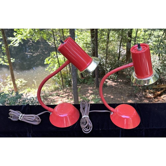 2 Mid Century Underwriters Laboratories Inc Vintage Red & Gold Gooseneck Lamps Home